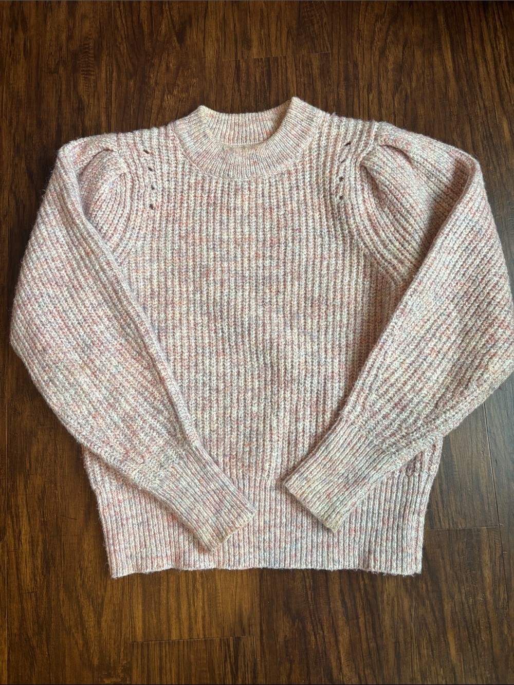 a new day Heathered Blush Ribbed Crewneck Sweater with Puff Sleeves